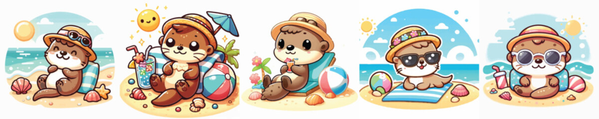 Vector of a cute cartoon otter character relaxing at the beach © FirdianKrisna