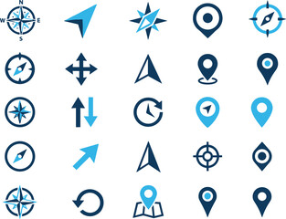 Collection of blue and dark navigation icons with compasses arrows and location pins on white background © SoHel
