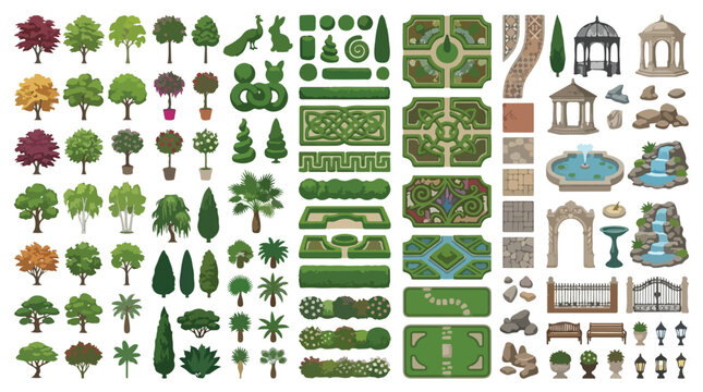 Landscape design elements set, garden map constructor with trees and hedges, architectural park planning vector icons for site mapping