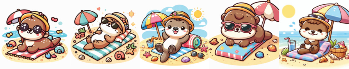 Vector of a cute cartoon otter character relaxing at the beach © FirdianKrisna