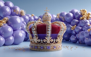 Obraz premium Ornate Crown Display Surrounded by Purple Balloons and Confetti