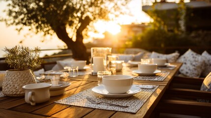 Fototapeta premium Elegant Outdoor Dining Setup at Sunset with Tableware and Cozy Ambiance in a Scenic View