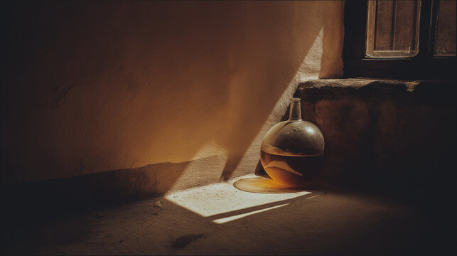 demijohn. Sunlight through a barn window illuminating a glass demijohn with amber liquid. bar promotions, beverage menus, designed for product packaging and bar promotions, used by brand managers.