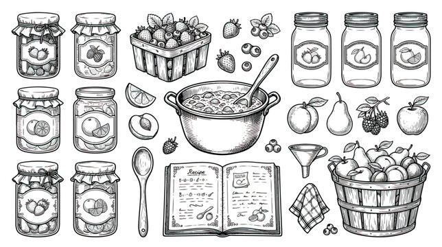 Vintage hand drawn jam making set, rustic fruit preserves and canning jars vector, farmhouse kitchen cooking elements for recipe books