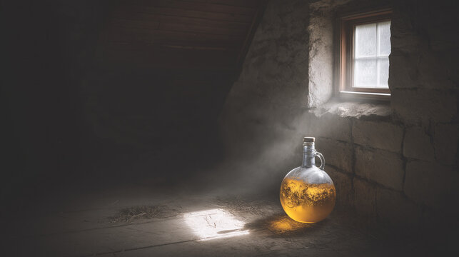 demijohn. Sunlight through a barn window illuminating a glass demijohn with amber liquid. bar promotions, beverage menus, designed for product packaging and bar promotions, used by brand managers.