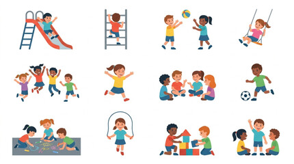 Fototapeta premium Children Playing Various Games and Activities Outdoors and Indoors.