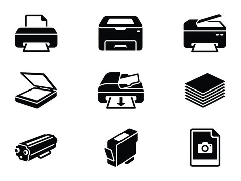 Set of black printer scanner and office document equipment icons in flat vector style