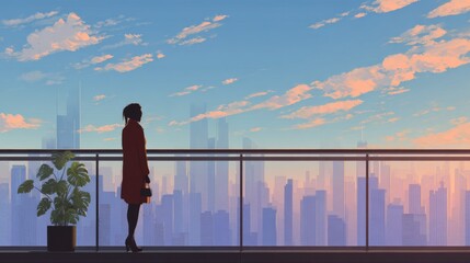 Fototapeta premium Silhouette of a Woman in a Cityscape at Dusk with a Balcony View and Lush Green Plant in the Foreground