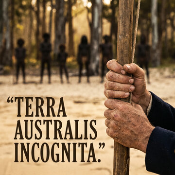 A cinematic snapshot. Cook's hands are clutching a wooden flagpole.  Silhouettes of indigenous Australians in the background.  Large font on the left: "Terra Australis Incognita"