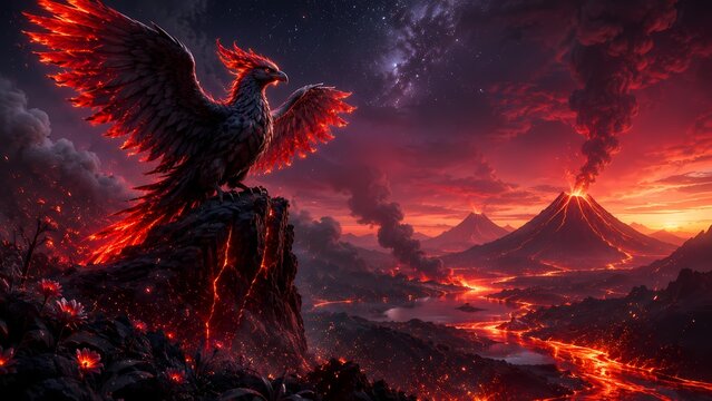 Fiery Ember Phoenix Perched Above Volcanic Lava Valley