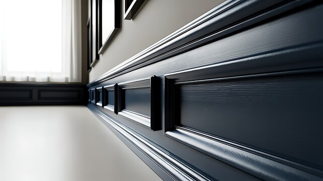 Dark black decorative moulding baseboard in empty modern room interior detail wooden trim wall molding panel design wood work 