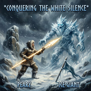 Epic battle scene portrait. Peary holds a spear made of light, fighting against the personification of the blizzard (an ice giant). Text "Conquering the White Silence"