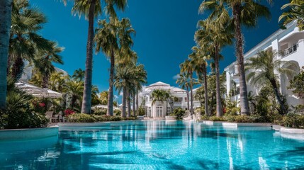 Fototapeta premium Serene luxury resort pool surrounded by palm trees and sunlit architecture in a tropical paradise atmosphere