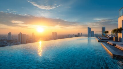Fototapeta premium Stunning Sunset Over Infinity Pool on Rooftop with Skyline View and Bright Colors in the Evening Sky