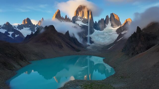 Majestic Patagonia Peaks: Golden Hour Light on Fitz Roy, Turquoise Lake, and Dynamic Glacier Waterfall with Moving Clouds