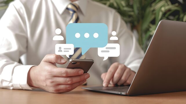Business person engaging in virtual conversations, utilizing mobile and laptop for client communication and online networking in a modern digital environment