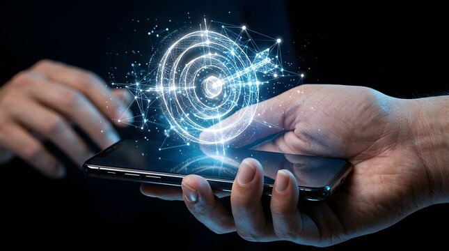 Holographic target icon projecting above a modern smartphone held by hands with smartphone, hologram
