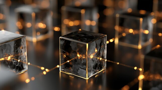 Luxury black and gold blockchain infrastructure integrated with artificial intelligence, transparent obsidian cubes with golden glowing connections, premium executive fintech concept