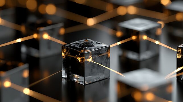 Luxury black and gold blockchain infrastructure integrated with artificial intelligence, transparent obsidian cubes with golden glowing connections, premium executive fintech concept