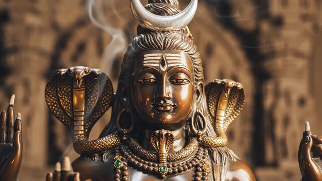 Bronze Lord Shiva statue with snakes and ceremonial candles.