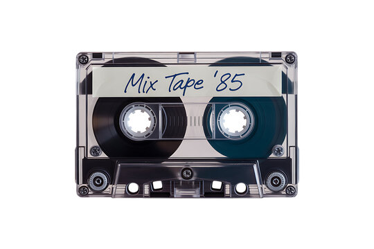 Transparent plastic audio cassette tape with white label marked mix tape 85, retro music storage media, isolated on white background, 1980s style