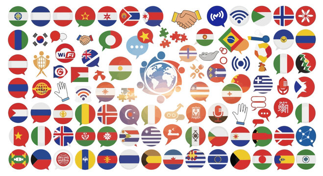 Flags of various nations appear as circular speech bubbles surrounding a central world map icon on a white background.
