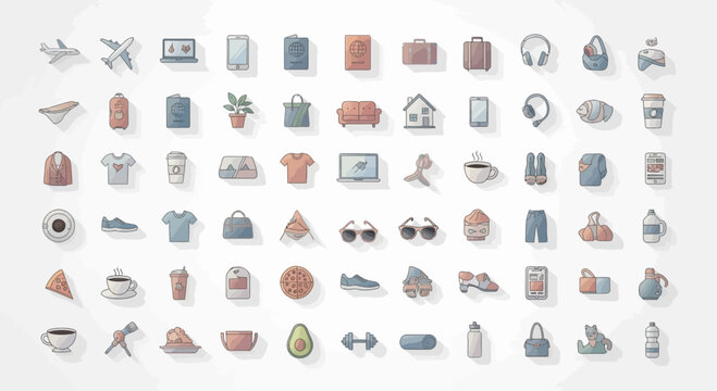 Icons depicting daily lifestyle objects including travel gear, electronic devices, clothing, and food items are displayed in a comprehensive collection.