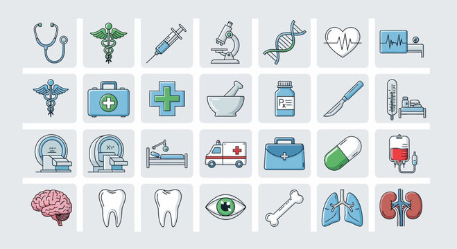 Medical icons represent healthcare services including diagnostic tools, surgical instruments, and human anatomy elements.