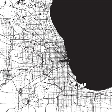 A detailed map illustration displays Chicago's streets and roads near Lake Michigan shoreline.