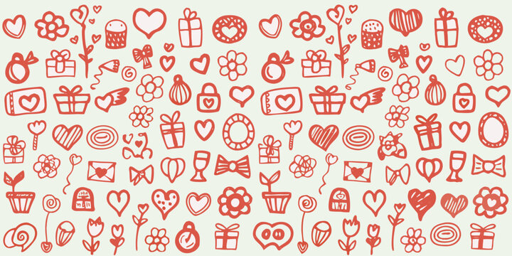 Romantic Doodles And Love Themed Icons Red Line Art Pattern