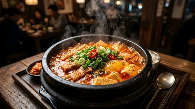 Spicy korean soft tofu stew in traditional black stone pot with traditional vegetable steaming