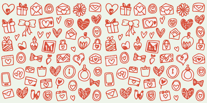 Red Doodles Of Romantic Symbols And Objects Hand drawn Style