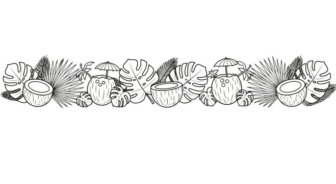 Seamless horizontal border with hand drawn tropical coconut fruits and exotic monstera palm leaves.
