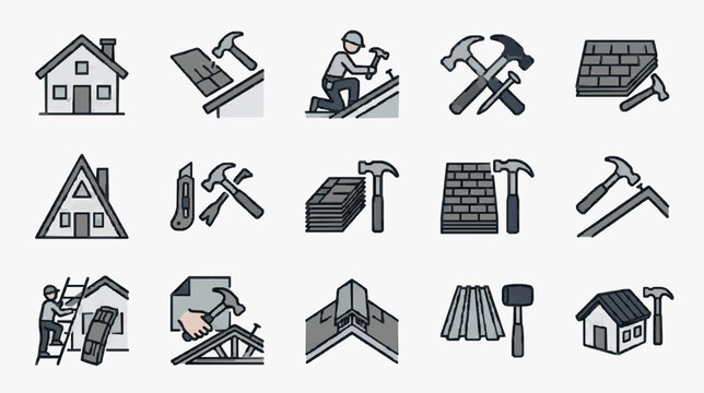 Sleek Monochromatic Flat Icons Set Featuring Construction Tools Roofing Carpentry and House Building Elements in Gray and Black