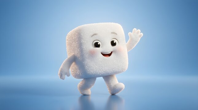 Cute 3D character of a white sugar cube waving hello on a plain blue background with character