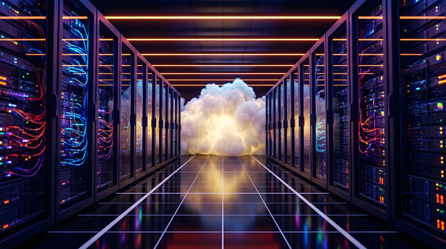 Futuristic data center server room with glowing cloud computing concept and neon lighting in modern facility