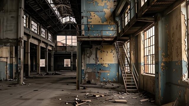 Cinematic pan through a derelict industrial warehouse with sunlight