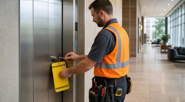 Technician installing elevator maintenance sign