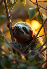 Fototapeta premium Happy sloth peeking from tree branches at golden hour