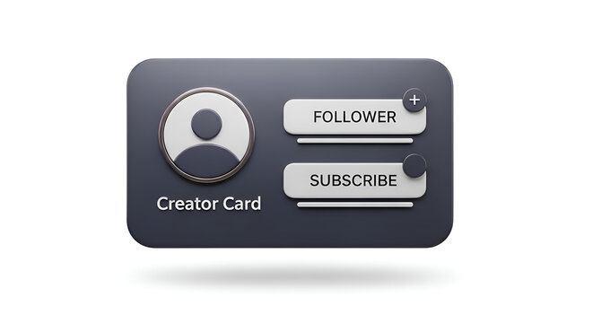 3D render of a creator card with profile icon follower and subscribe buttons isolated