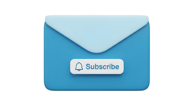 3D rendered blue envelope with a notification bell and subscribe button isolated on white