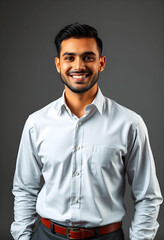 Obraz premium Smiling young man in white shirt with brown belt
