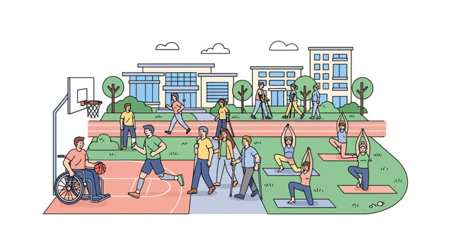Diverse group of people engaging in various sports and fitness activities outdoors.