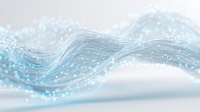 Elegant white abstract background with flowing global connectivity lines, glowing blue particles,