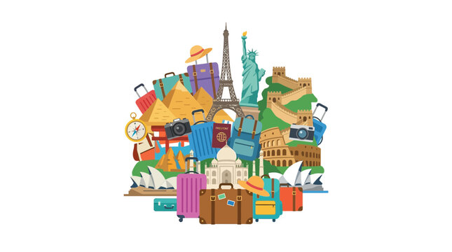 Illustration of famous world landmarks and travel suitcases.