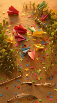 Colorful origami paper leaves scattered on wood with natural craft elements