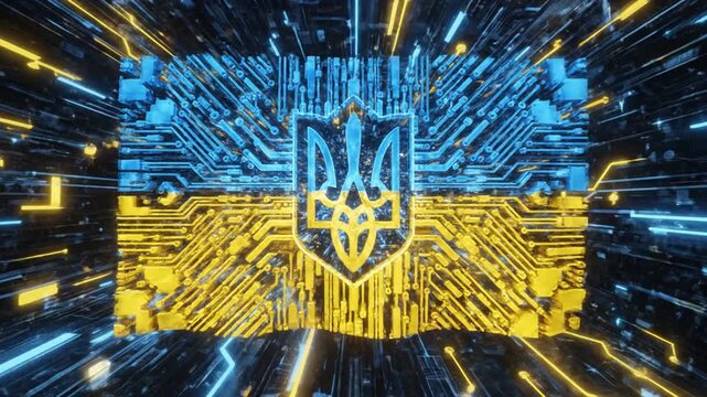 Ukrainian flag with circuit board design and trident symbol in blue and yellow hues with neon lights