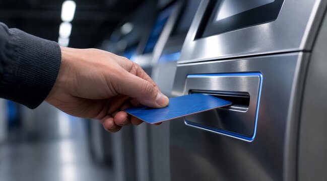 Hand inserting transit card into kiosk reader