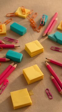 Colorful stationery and office supplies laid out on a beige background featuring sticky notes pencils and binder clips for creative organization