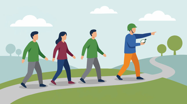 Group of people walking on a winding path led by a guide with a compass